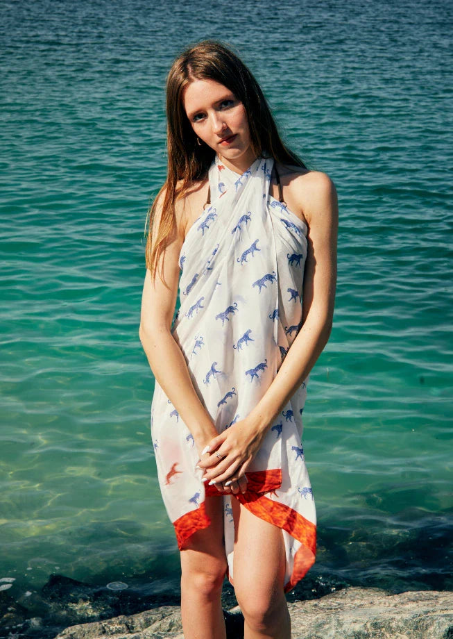 Leopard Luxe Sarong - Blue & White Beach Cover Up
